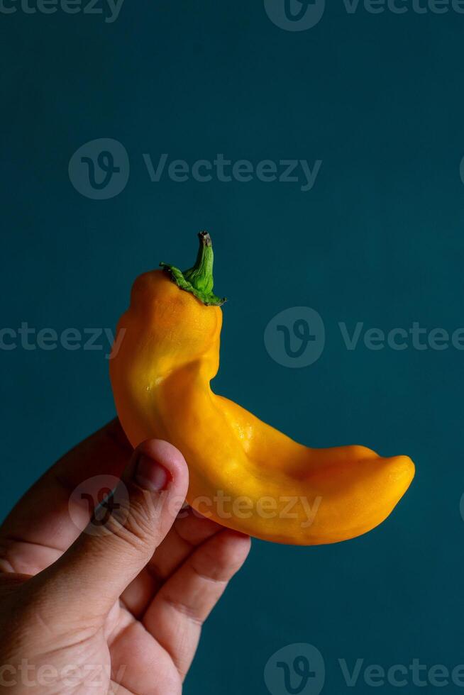 Close-up of a man's hand holding a yellow Italian pepper against a muted green background. The hand's natural texture contrasts with the pepper's smooth surface, creating a vibrant, fresh feel. photo