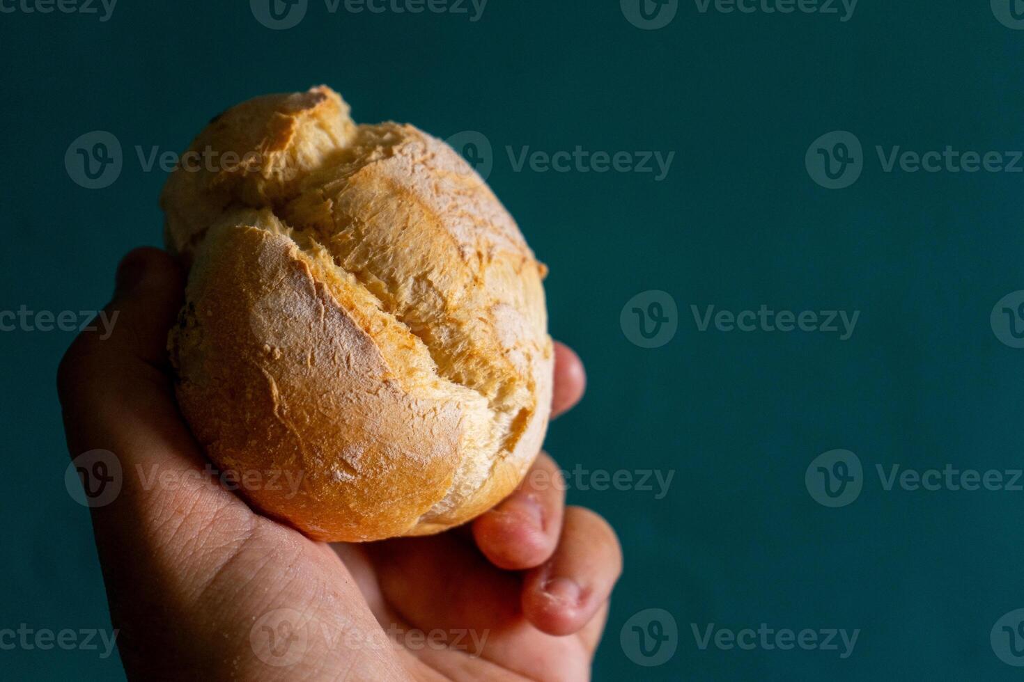 A man's hand holding a traditional Alentejano bread roll ,papo-seco, against a muted green background. The image captures the texture and simplicity of Portuguese cuisine. photo