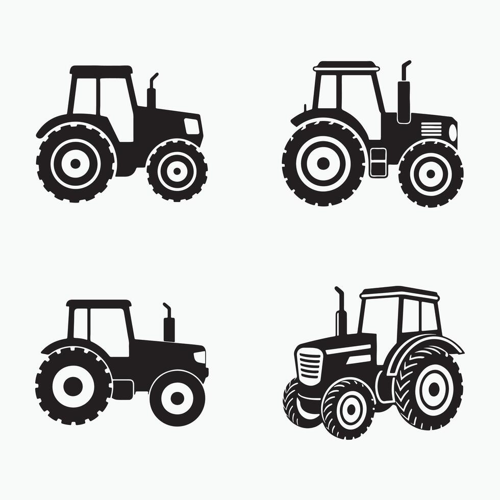 Four black and white silhouettes of tractors vector