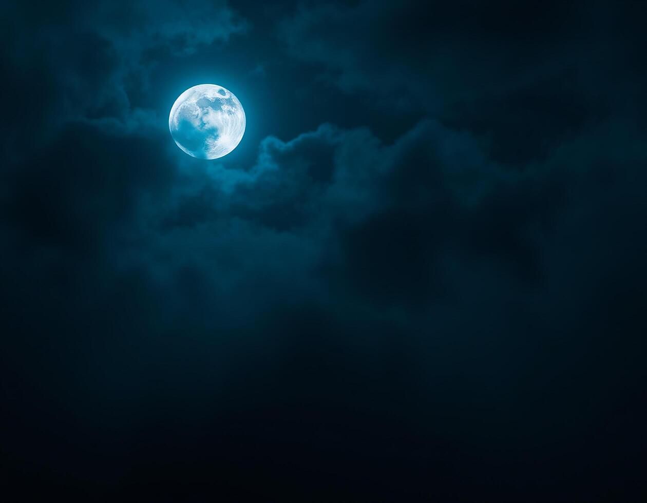 Full moon illuminating a dark, cloudy night sky with dense blue fog. Halloween background , nighttime ambiance, lunar light concept, gothic aesthetic, eerie atmosphere. photo