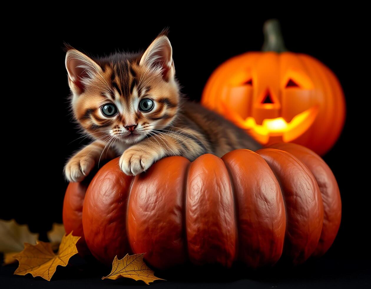 Kitten on Halloween pumpkin isolated on black background, festive decoration with copy space for banner, poster, or advertisement. Halloween celebration concept with glowing jack-o'-lantern. photo