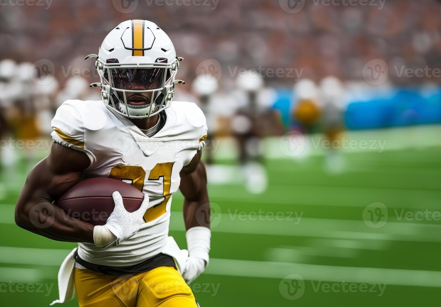 American football player in helmet with glass and gold and white uniform runs with ball in right hand photo