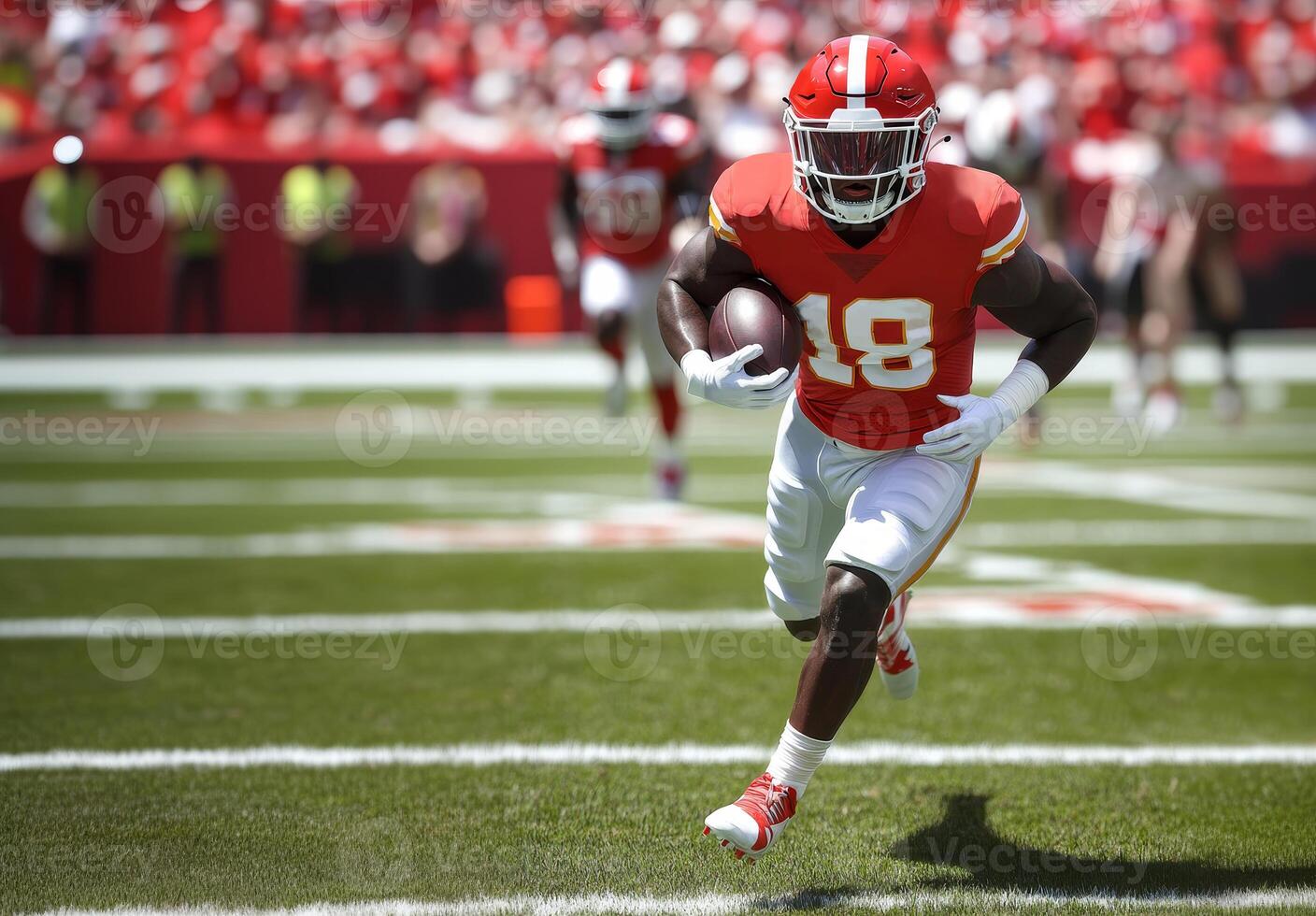 American football player wearing a helmet with glass and a red and white uniform runs with a ball in his right hand photo