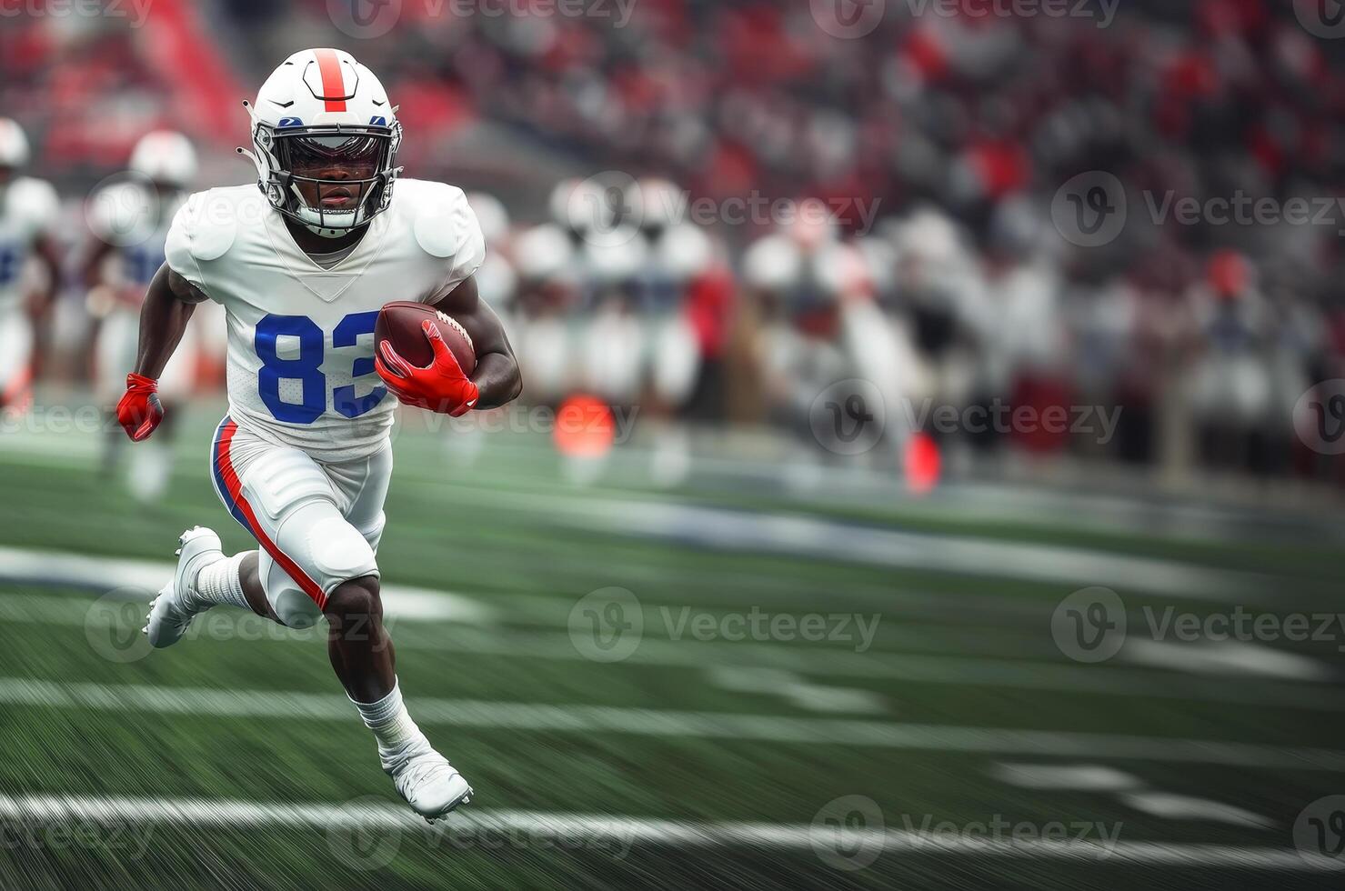 American football player wearing helmet with glass and white uniform runs with ball in his left hand during match photo