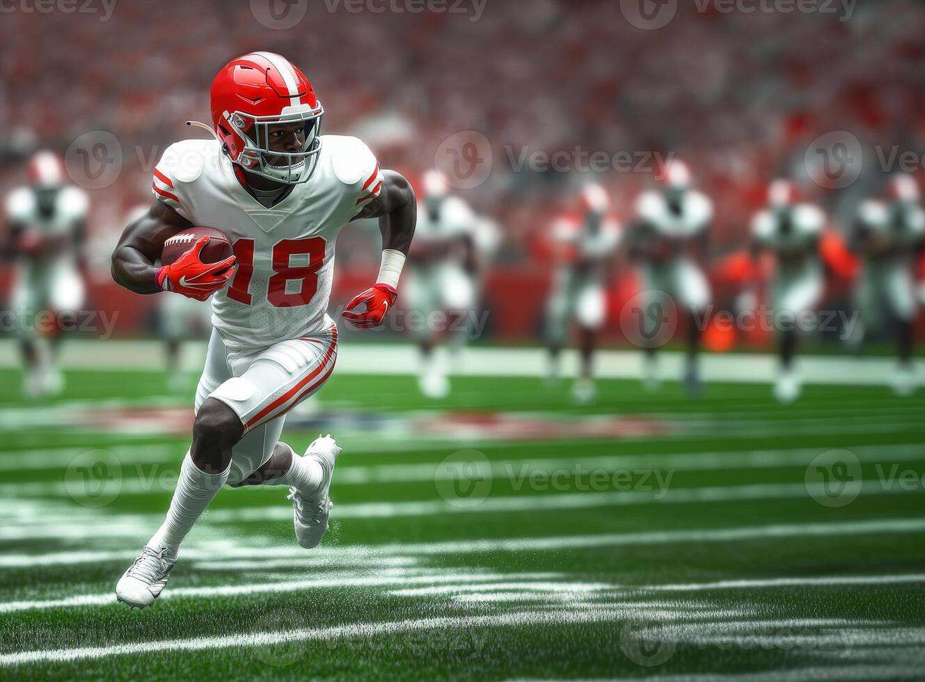 American football player in red helmet and white uniform running with ball photo