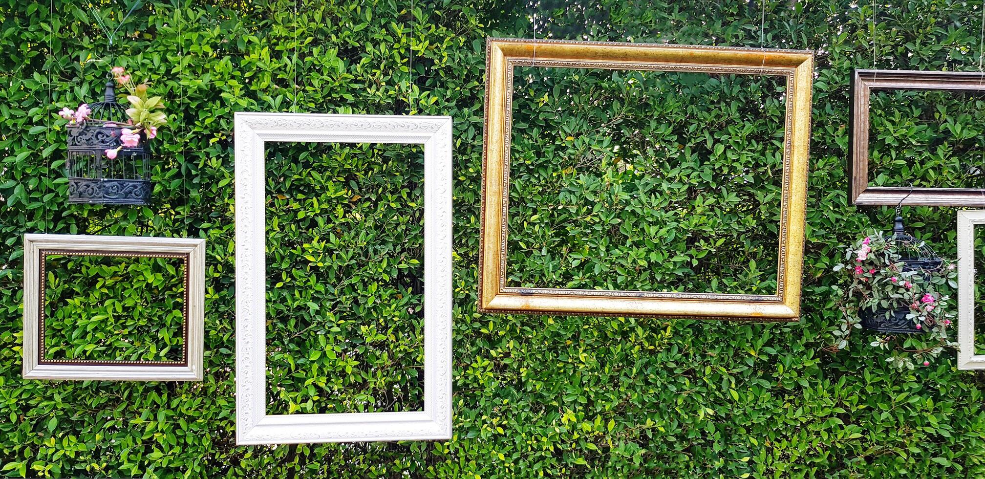 Picture frame and flower pot hanging on green leaves wall for decoration festival, event or wedding party. Decorated, Background, Object and Nature wallpaper concept. photo