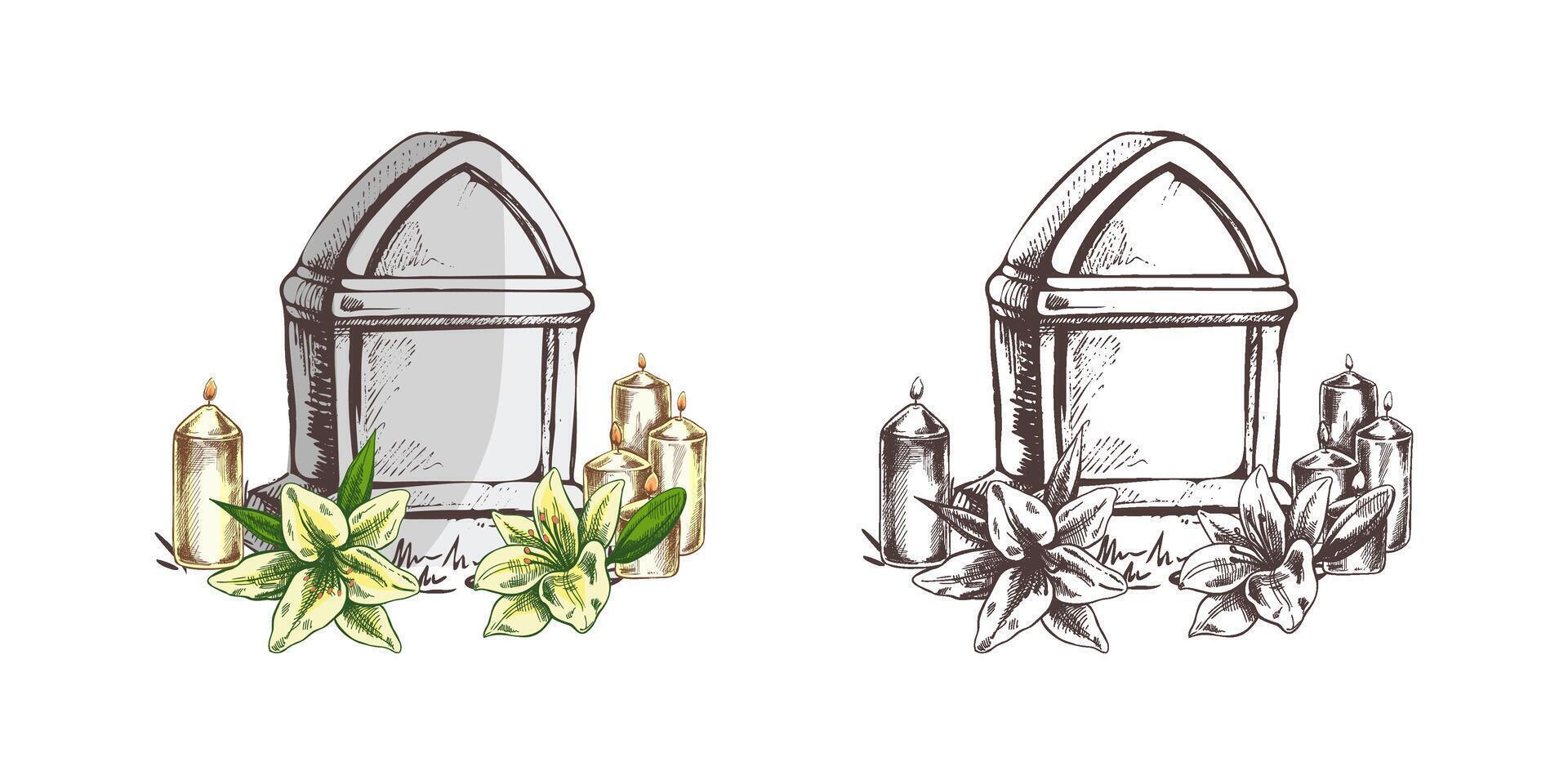 Old hand drawn murble stone tombstone with candles and lilies.. Rest in peace drawing illustration for funeral service, card or last farewell card. Sketch of grave or cemetery, resting place vector