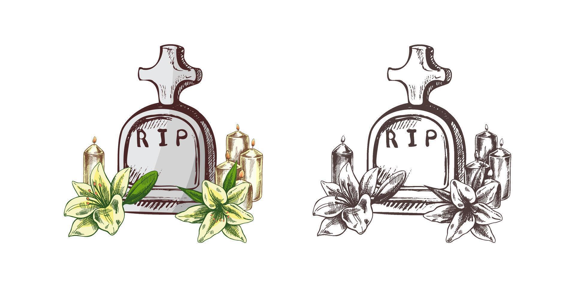 Old hand drawn murble stone tombstone with candles and lilies.. Rest in peace drawing illustration for funeral service, card or last farewell card. Sketch of grave or cemetery, resting place vector