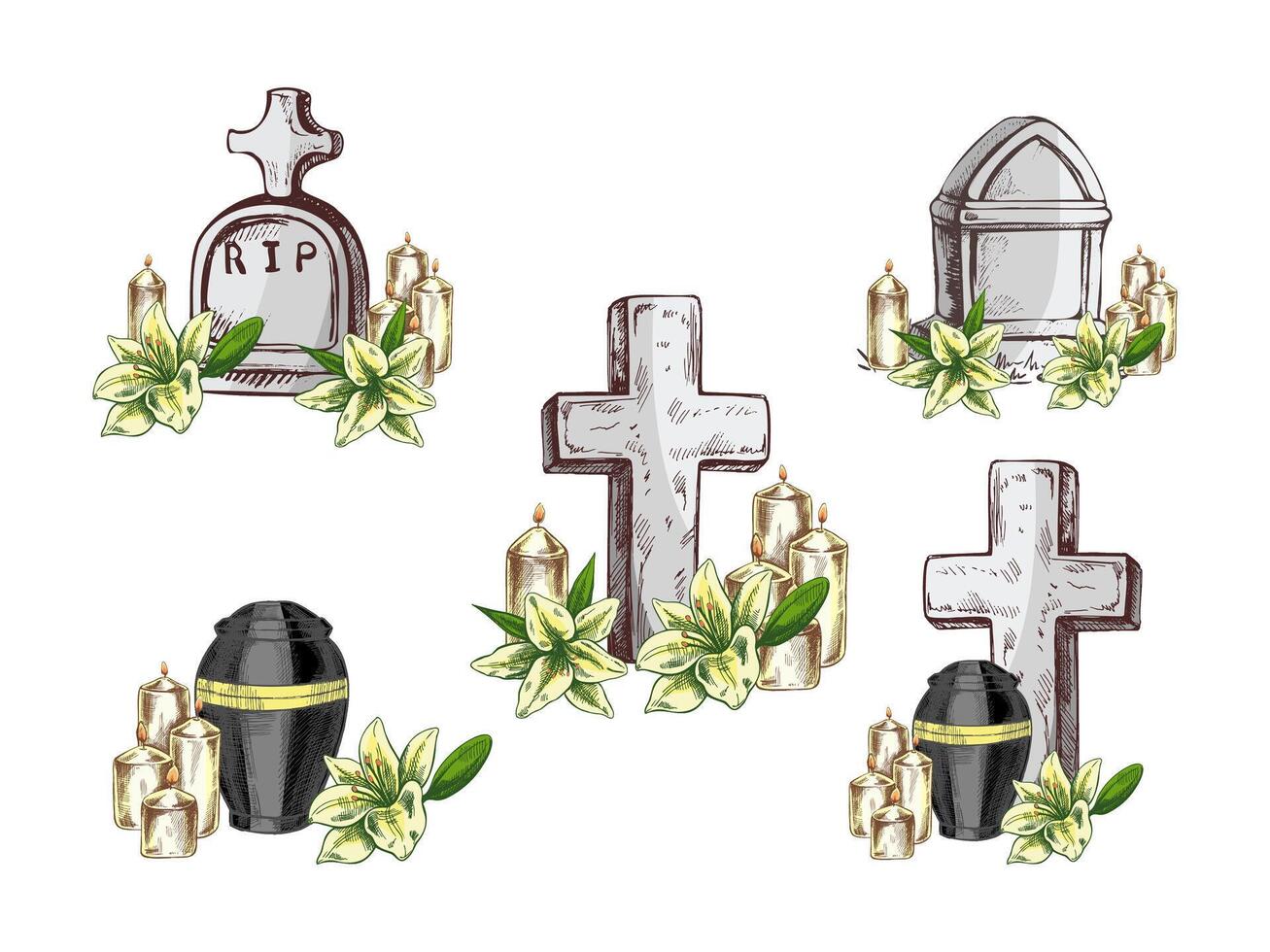 Hand drawn set for Funeral service. illustration. Attributes and symbols of condolence, loss, dead, bereavement and cemetry. vector