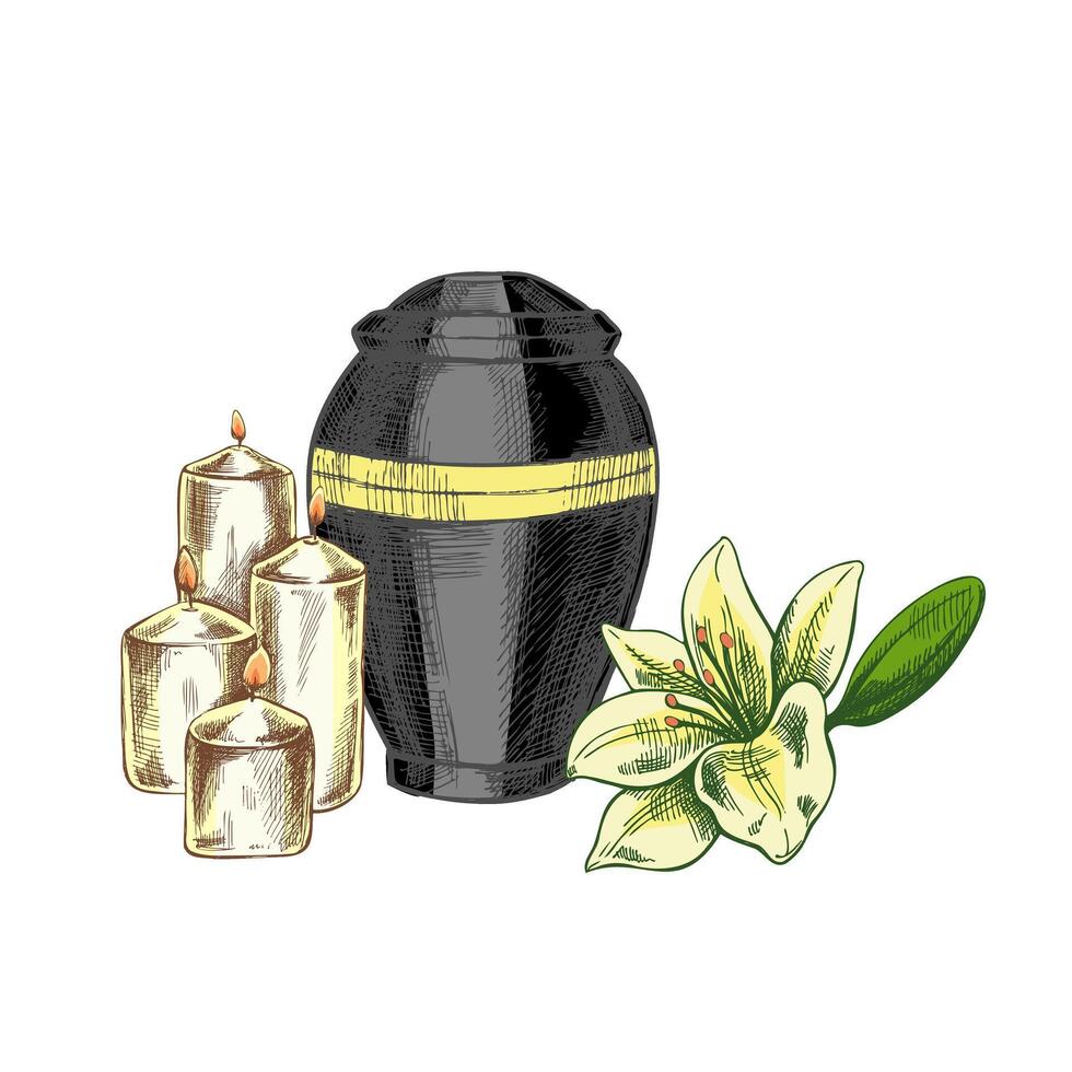 Hand drawn lilies, candles and an urn with ashes. hand drawn isolated illustration on white background. Sketch symbol of death, cemetery, christianity, religion, faith, trust and resurrection vector