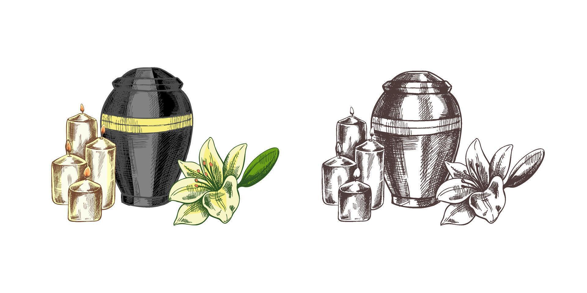 Hand drawn lilies, candles and an urn with ashes. hand drawn isolated illustration on white background. Sketch symbol of death, cemetery, christianity, religion, faith, trust and resurrection vector