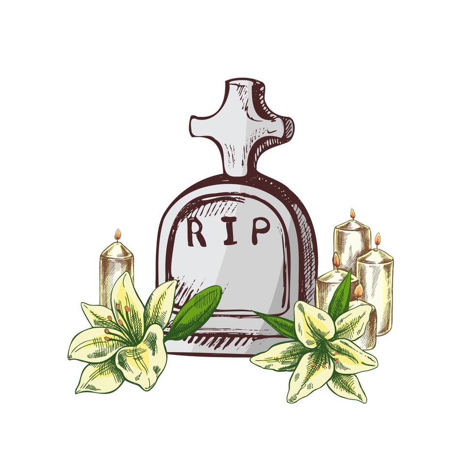 Old hand drawn murble stone tombstone with candles and lilies.. Rest in peace drawing illustration for funeral service, card or last farewell card. Sketch of grave or cemetery, resting place vector