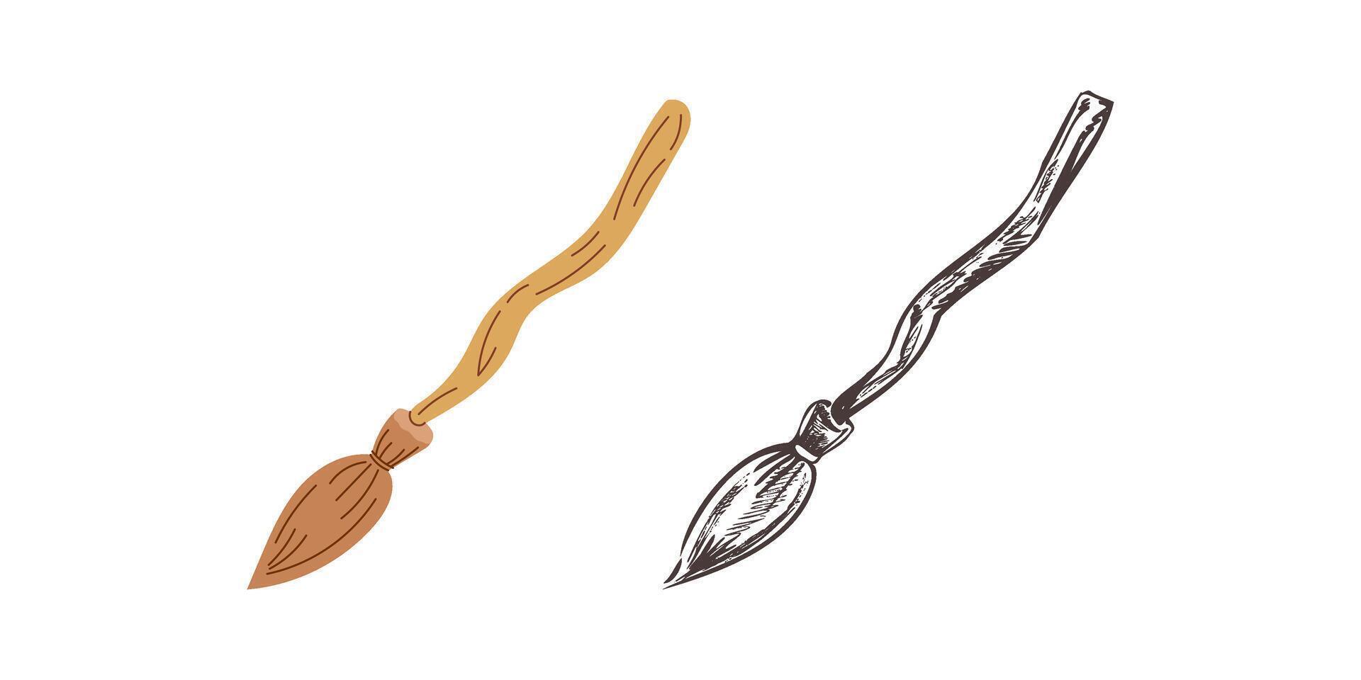 Flat and sketch style magic broom. Element of witchcraft. Symbol of magic. A vehicle for the witch. Broomstick or print for Halloween or all saints ' day. vector
