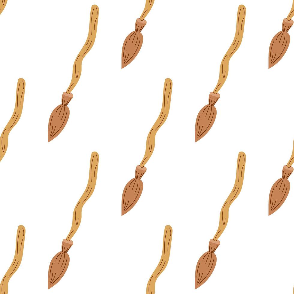 Flat style magic broom seamless pattern. Element of witchcraft. Symbol of magic. A vehicle for the witch. Broomstick or print for Halloween or all saints ' day. vector