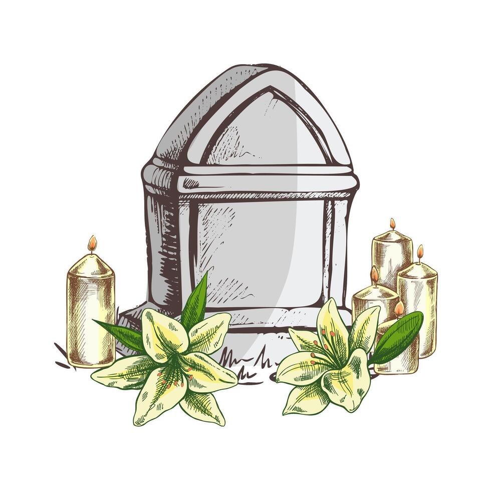 Old hand drawn murble stone tombstone with candles and lilies.. Rest in peace drawing illustration for funeral service, card or last farewell card. Sketch of grave or cemetery, resting place vector