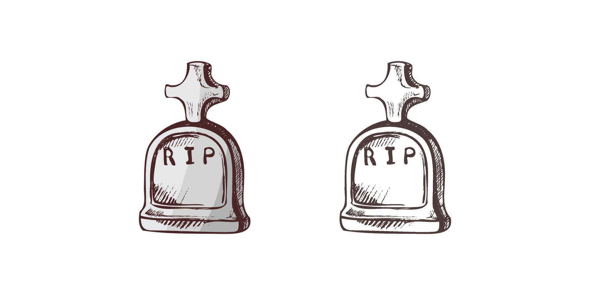 Old hand drawn murble stone tombstone with christian cross and title R.I.P. Rest in peace drawing illustration for funeral service, card or last farewell card. Sketch of grave or cemetery vector
