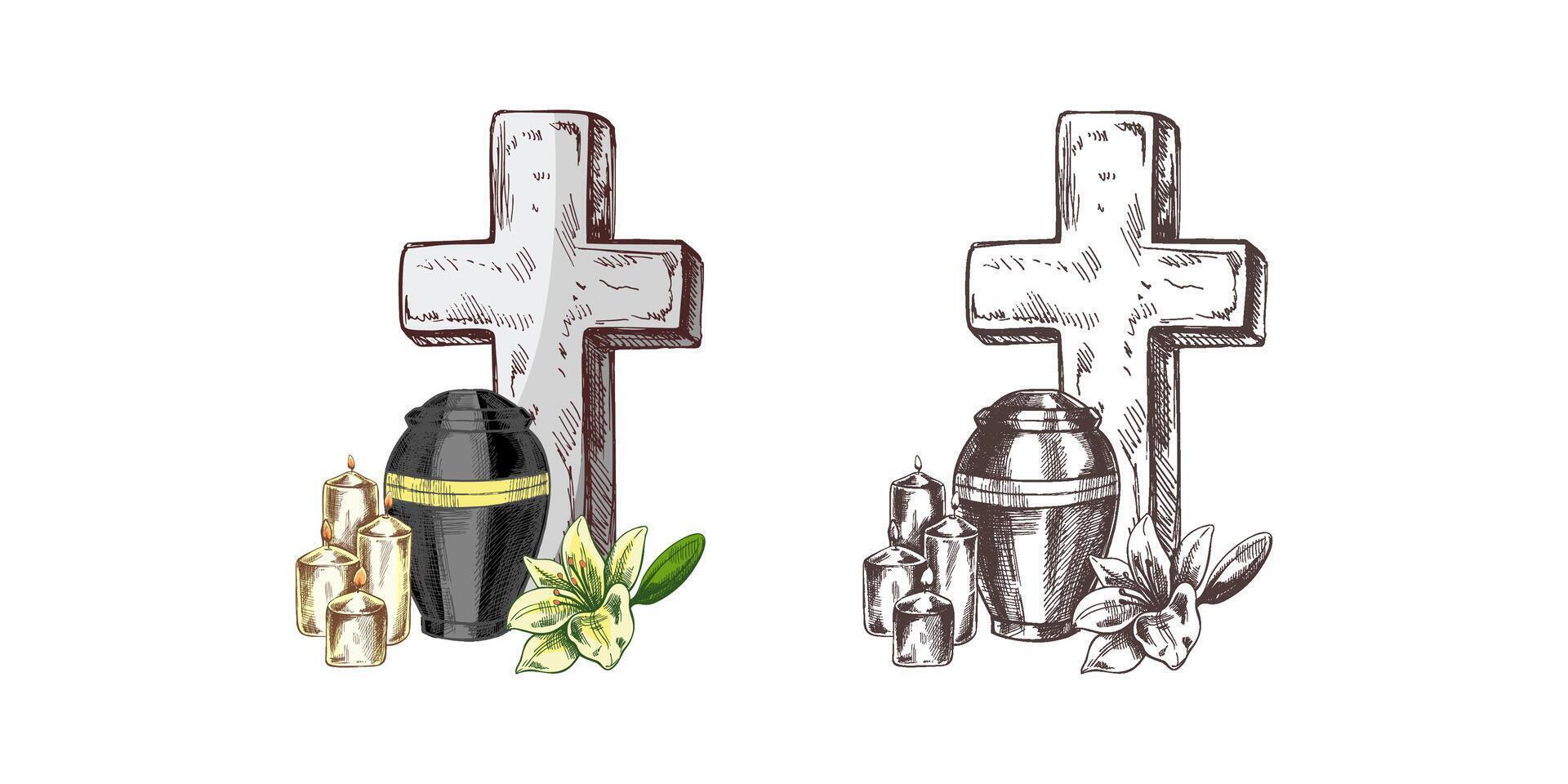 Old marble stone christ cross with candles, lilies and an urn with ashes. hand drawn isolated illustration on white background. Sketch symbol of Jesus, death, cemetery, christianity, religion, faith vector