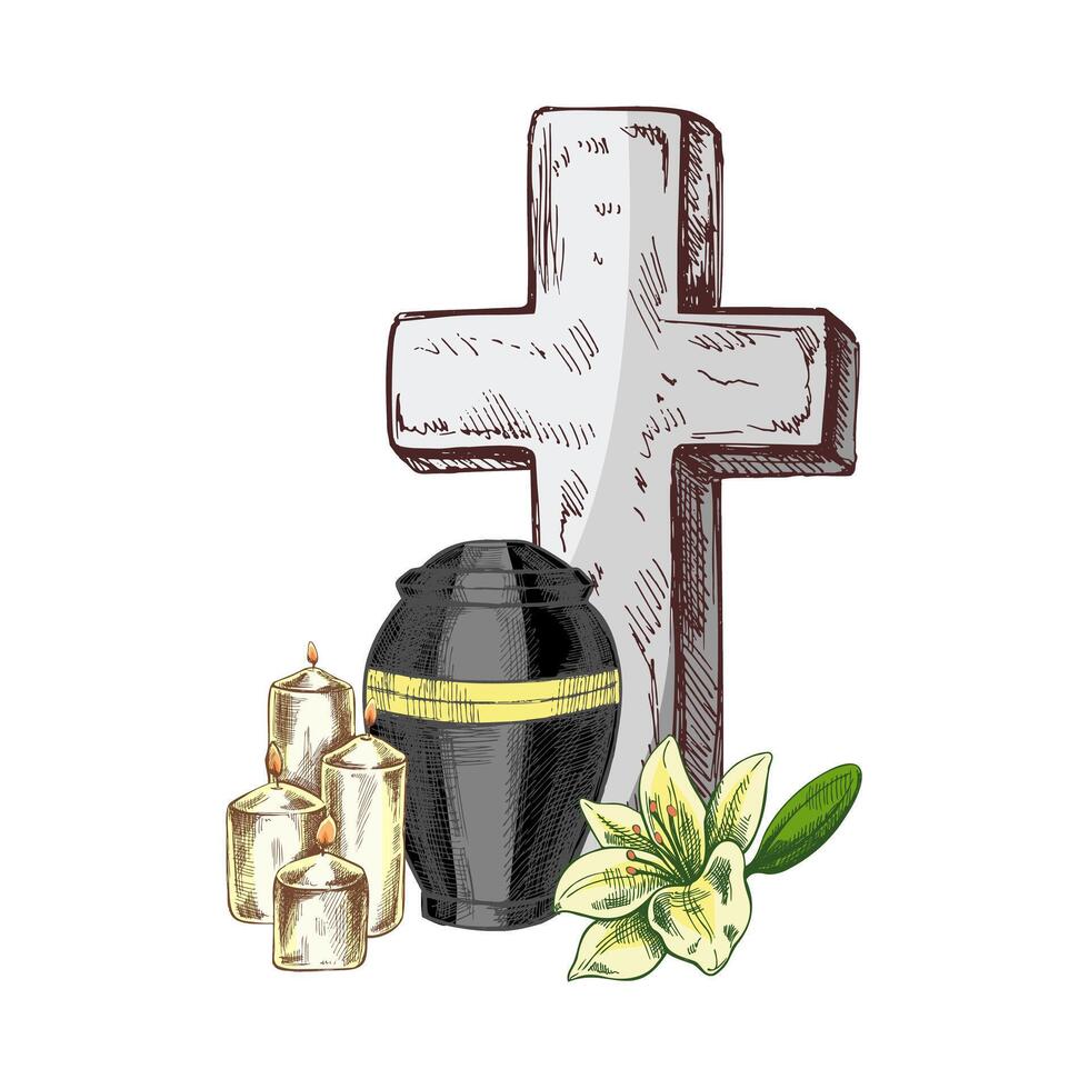 Old marble stone christ cross with candles, lilies and an urn with ashes. hand drawn isolated illustration on white background. Sketch symbol of Jesus, death, cemetery, christianity, religion, faith vector
