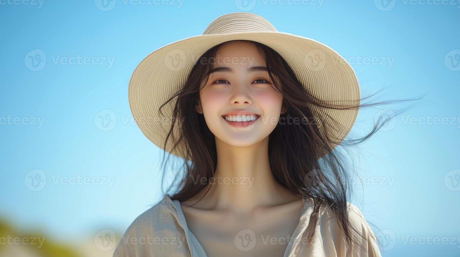 Beautiful young woman smiling and wearing a sun hat on a beach photo