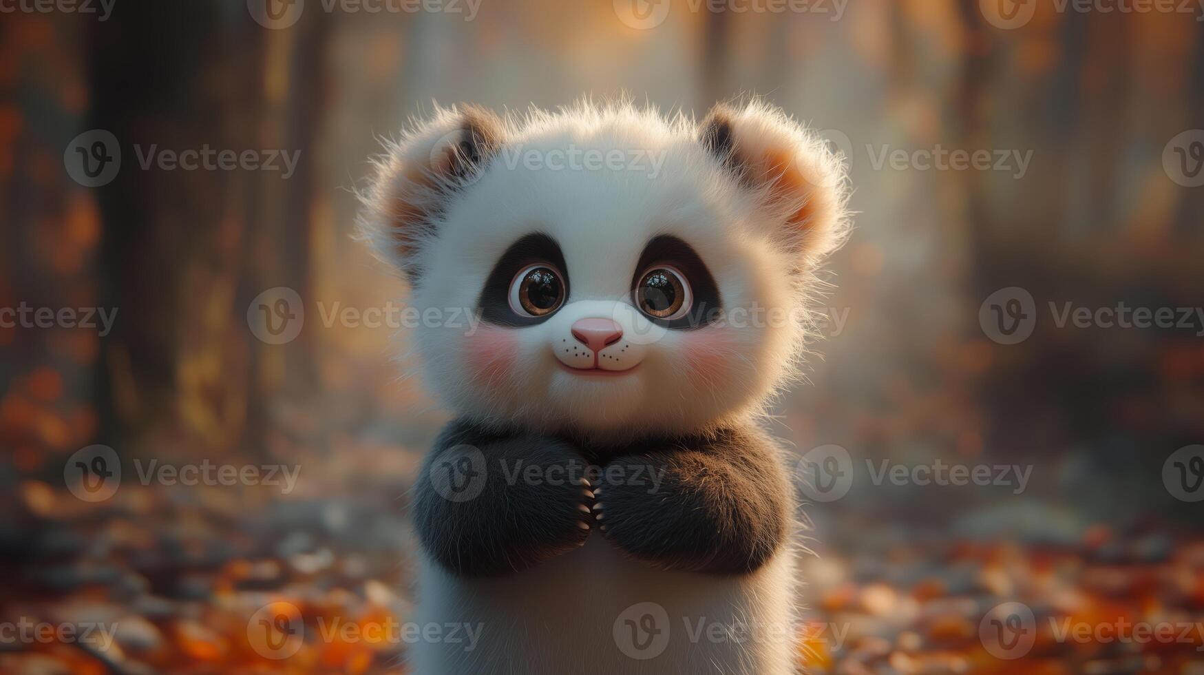 Adorable baby panda standing in an autumn forest photo
