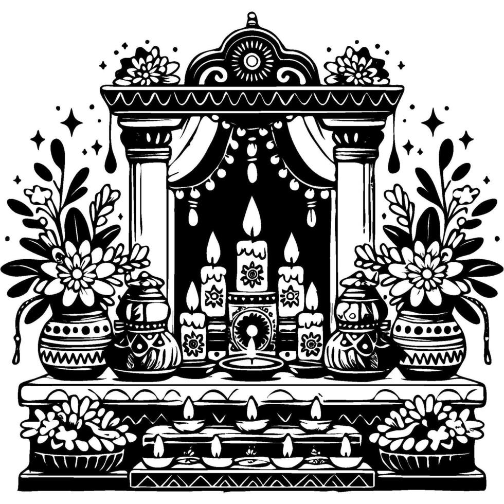 Indian altar decorated with flowers and candles in monochrome. Simple minimalistic in black ink drawing on white background vector