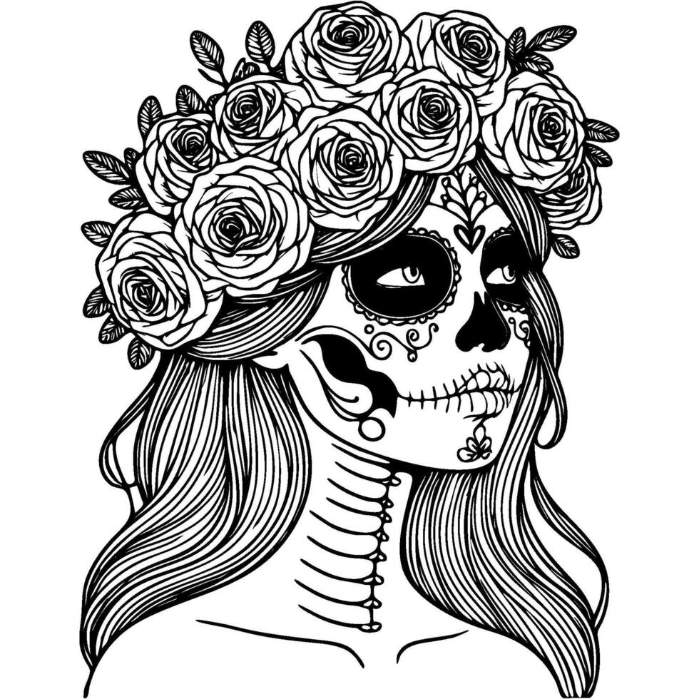 Woman face is drawn with skeleton and roses wreath. Skull is surrounded by roses and leaves in monochrome. Simple minimalistic in black ink drawing on white background vector