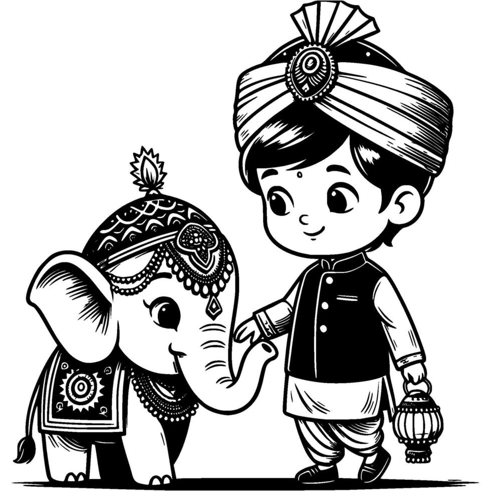 Boy dressed in traditional costume pets baby elephant decorated for holiday in monochrome. Simple minimalistic in black ink drawing on white background vector