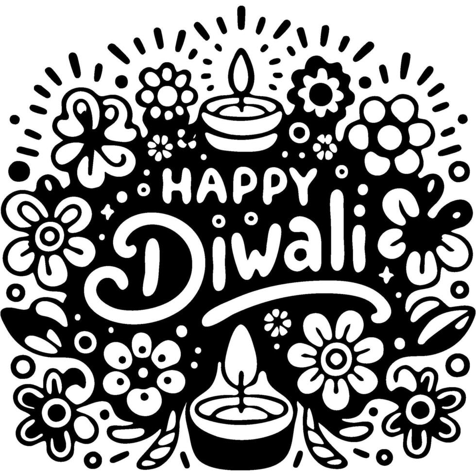 Happy Diwali inscription on flower bouquet background in monochrome. Simple minimalistic in black ink drawing on white background vector