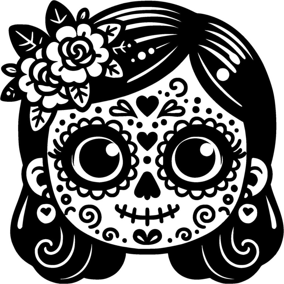 Girl with short hair and face decorated with Mexican ornament in monochrome. Simple minimalistic in black ink drawing on white background vector
