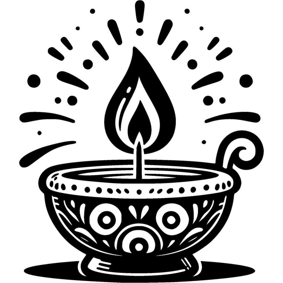 Burning candle in a ceramic bowl decorated with Indian ornaments in monochrome. Simple minimalistic in black ink drawing on white background vector