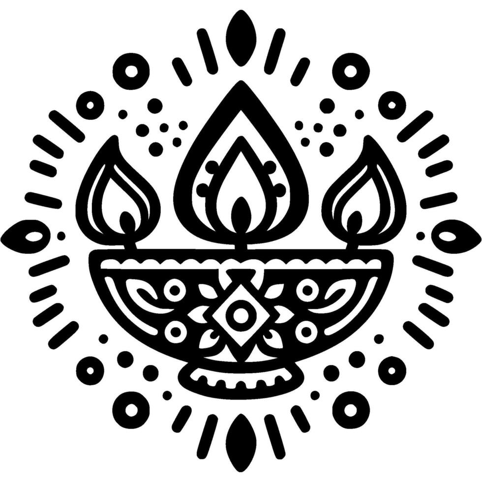 Bowl decorated with a festive ornament with a lit candle in monochrome. Simple minimalistic in black ink drawing on white background vector