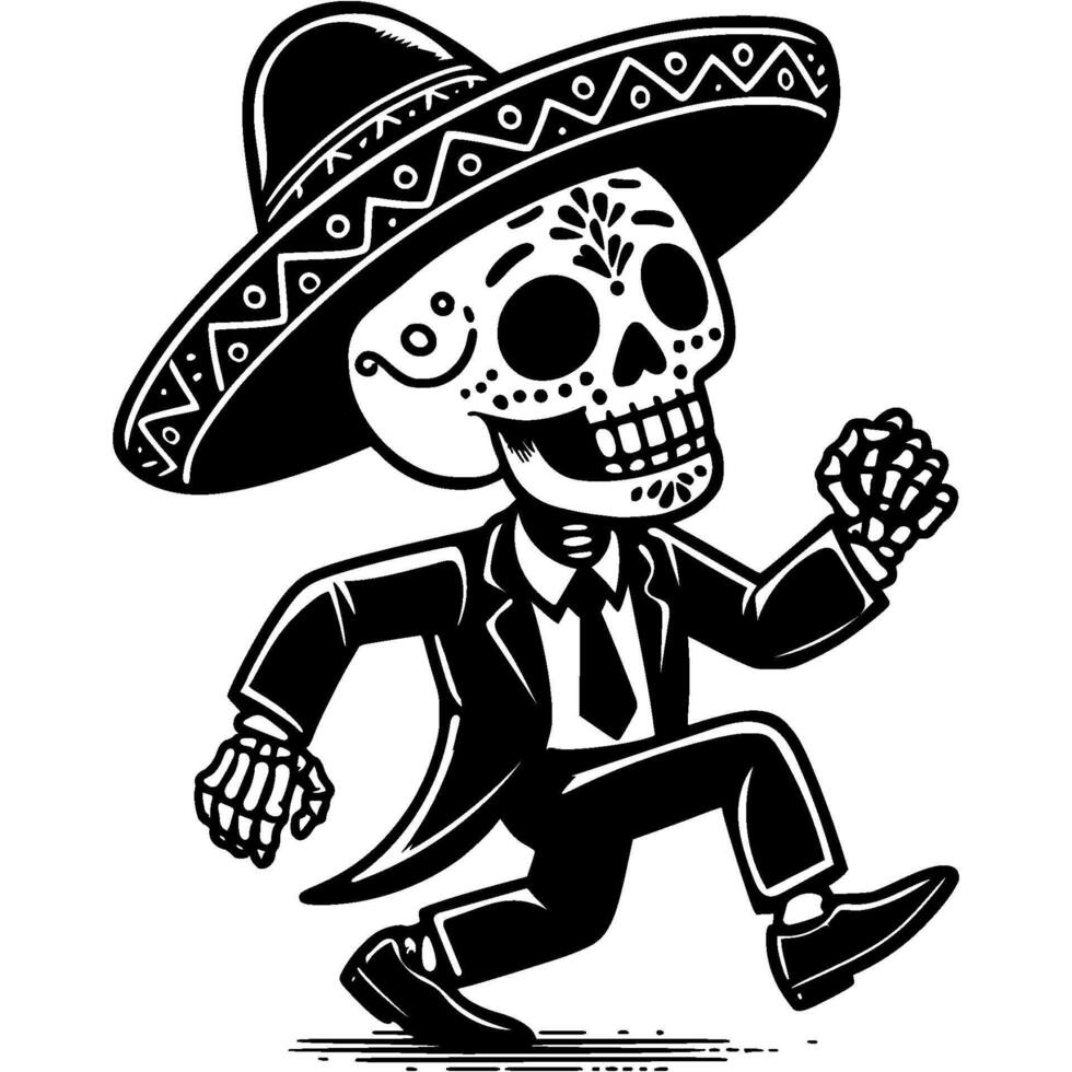 Cheerful street dancer in a skeleton costume and a Mexican sombrero hat in monochrome. Simple minimalistic in black ink drawing on white background vector