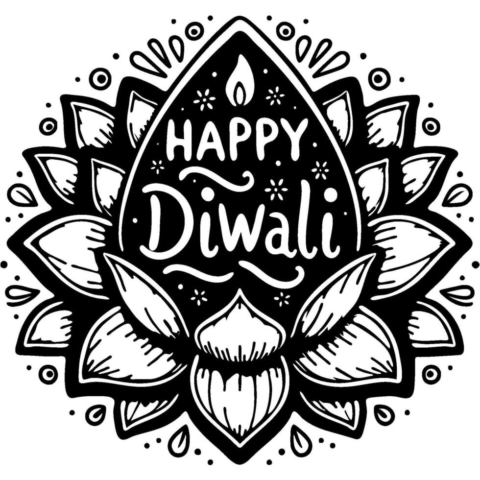 Blooming lotus flower with happy Diwali inscription in monochrome. Simple minimalistic in black ink drawing on white background vector