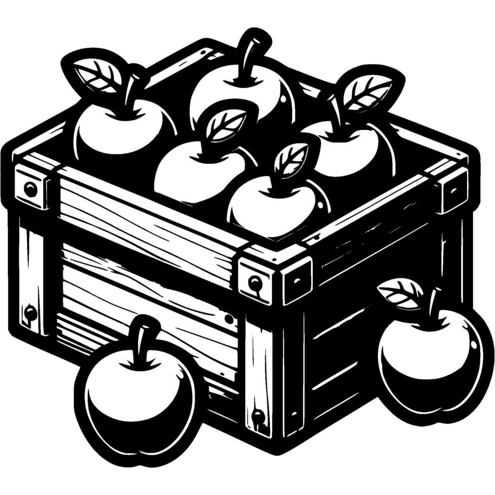 Apples from the new harvest stacked in a wooden box in monochrome. Simple minimalistic in black ink drawing on white background vector