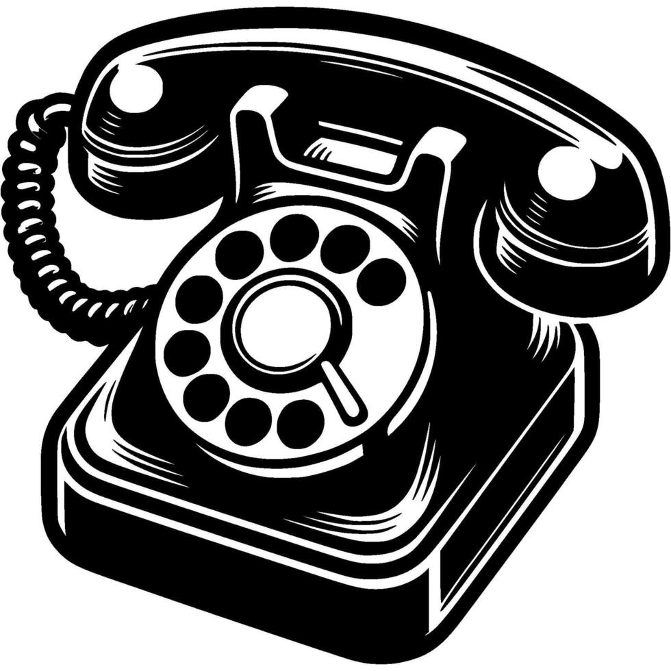 Black corded telephone with rotary dial in monochrome. Simple minimalistic in black ink drawing on white background vector