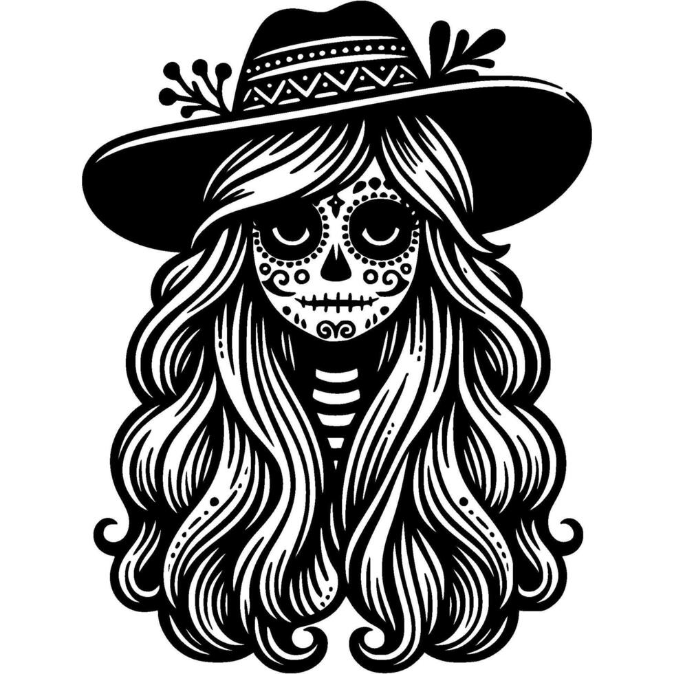Woman with long hair in a hat with a face decorated with a Mexican pattern in monochrome. Simple minimalistic in black ink drawing on white background vector