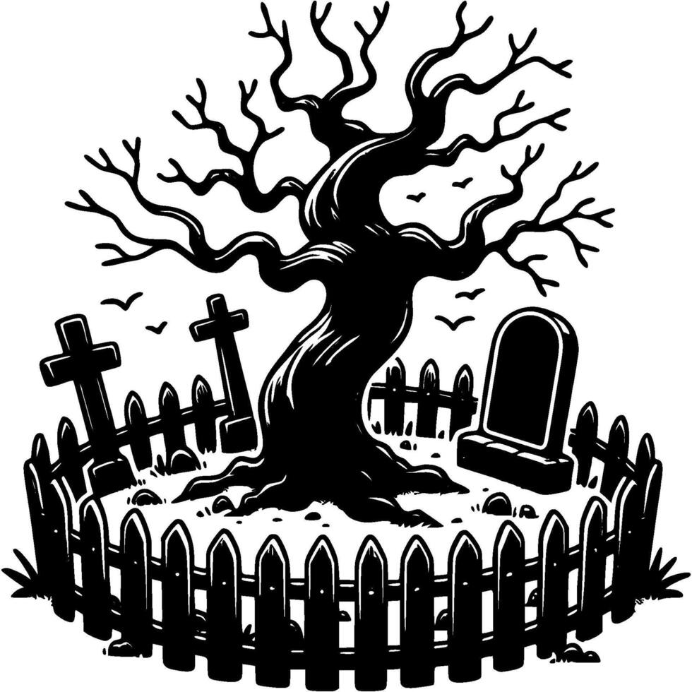 Section of an old abandoned cemetery enclosed by a fence in monochrome. Simple minimalistic in black ink drawing on white background vector