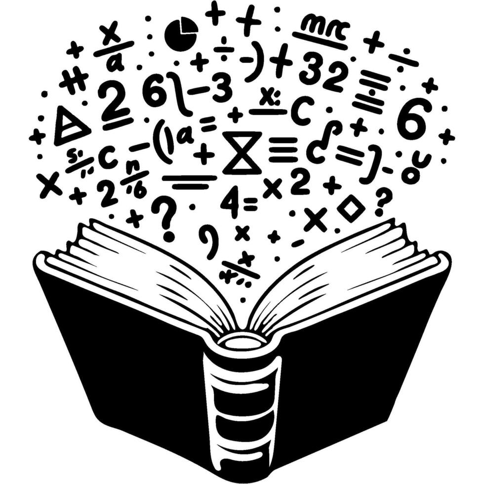 Mathematical formulas fly out of an open algebra textbook in monochrome. Simple minimalistic in black ink drawing on white background vector