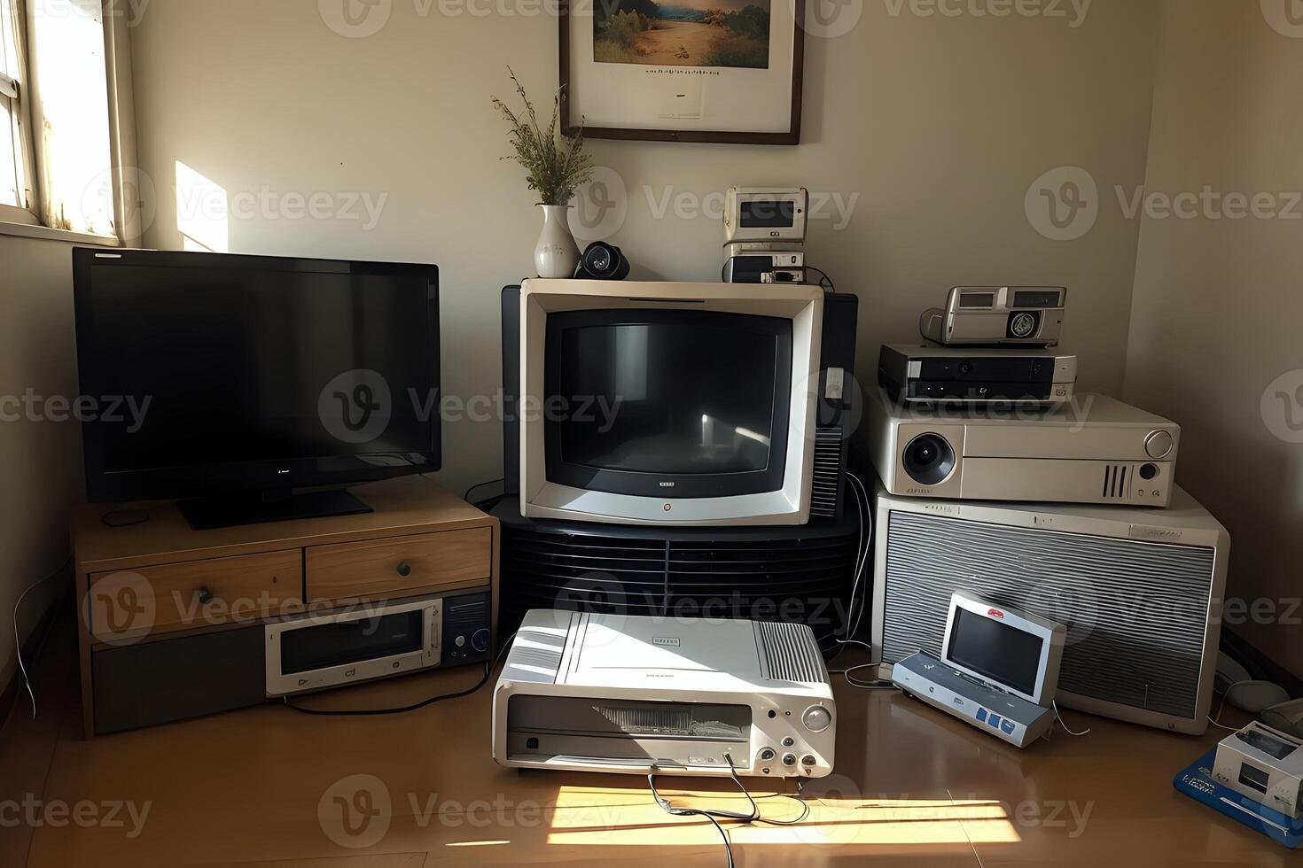 A display of early home computing equipment including vintage keyboards, old mice, and early desktop computers with a classic 90's computer wallpaper in the background photo