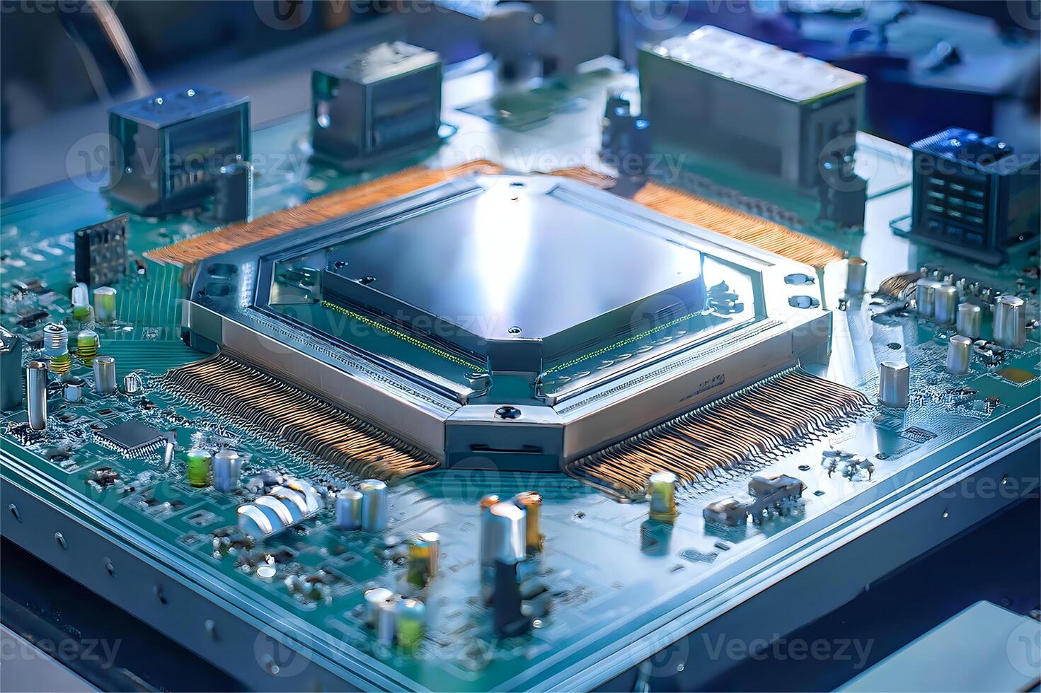Realistic image of SMT components on a PCB, showcasing microchips, resistors, and capacitors in a high-tech manufacturing environment with advanced precision machinery photo