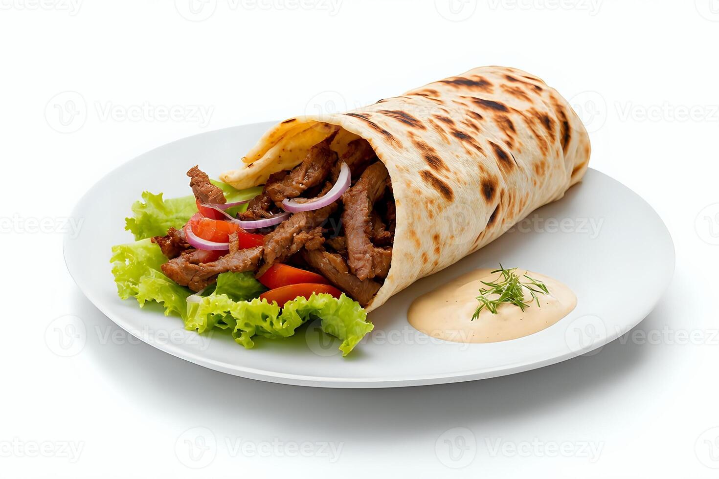 Shawarma with sliced meat, fresh vegetables, and garlic sauce on a white plate against a clean white backdrop photo
