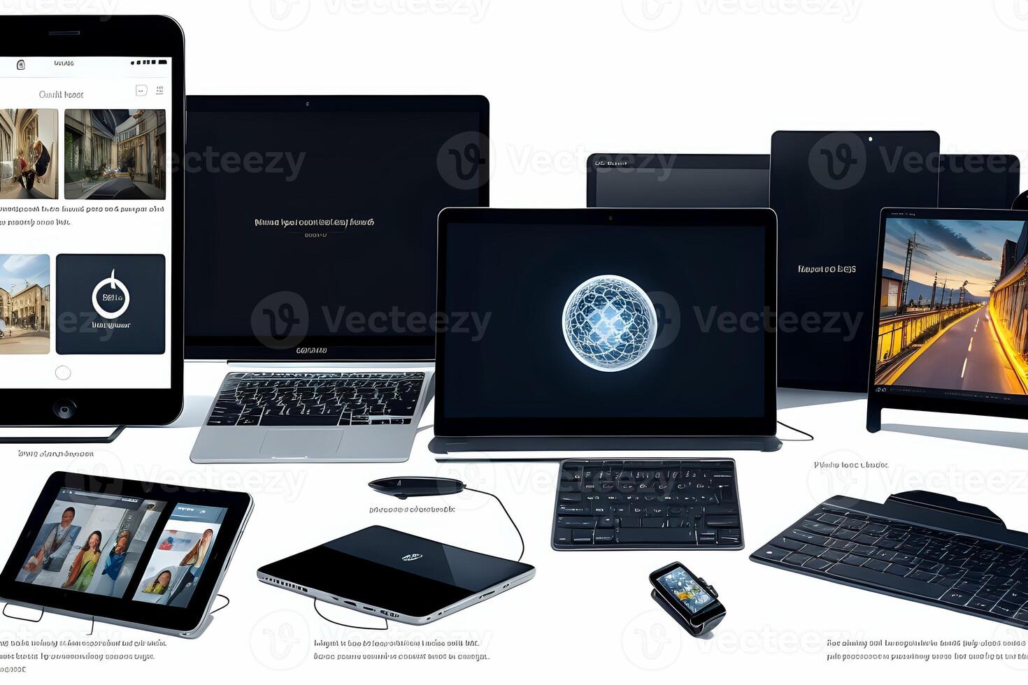 A set of versatile technology-themed clipart illustrations featuring gadgets like smartphones, laptops, tablets, smartwatches, and cloud symbols, designed with a modern, flat style and bright colors photo