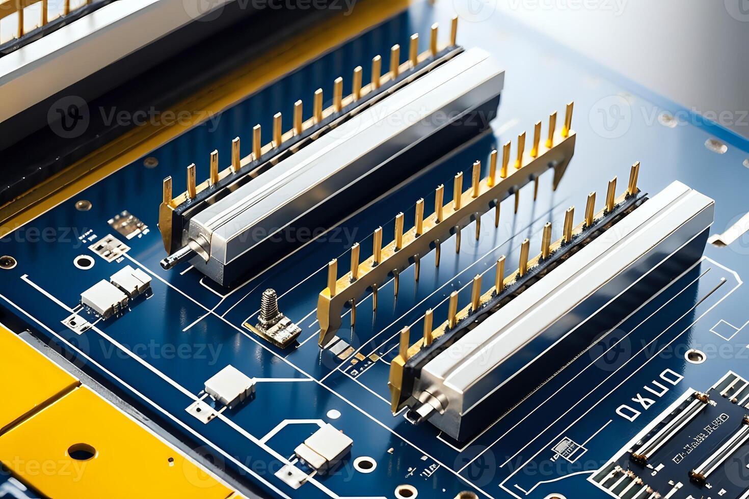 Realistic depiction of surface mounting technology SMT components such as microchips, resistors, and capacitors on a printed circuit board PCB within a high tech manufacturing setup photo