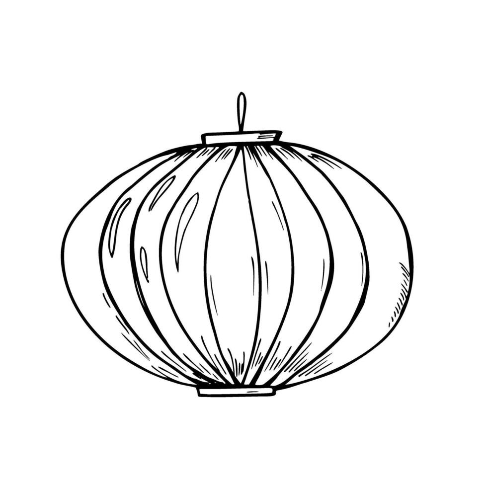 Traditional round paper lantern isolated monochrome illustration. Hanging lamp festive element etching drawing for Diwali, Chinese New Year, Asian light festival, greeting card design vector