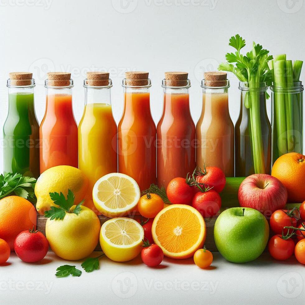 Horizontal shot of squeezed vegetables and fruits in glass bottles. Set of colorful fresh apples, lemon, orange, tomatoes and celery against white background. Healthy food and drink concept photo