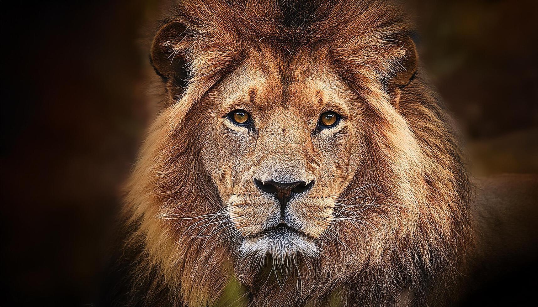 portrait of a lion, lion gazing directly into the camera with an intense and powerful stare. The lion's thick mane and piercing eyes reflect strength, dominance, nature and animal, wildlife photo