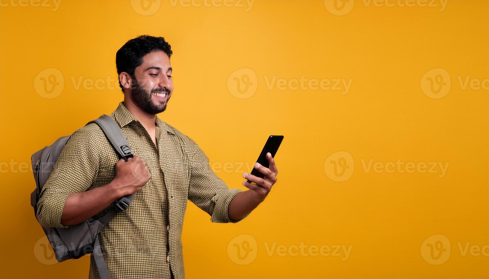 man smiling with surprise while using a mobile phone in a modern office environment, making it suitable for technology, business, e-commerce projects, online success photo