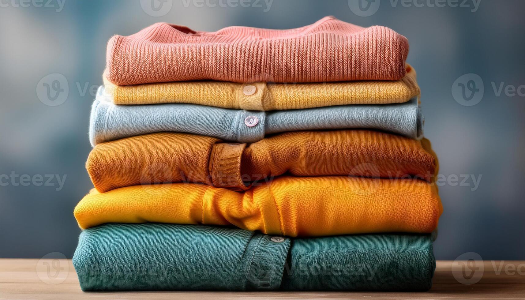 stacked pile of colorful cotton clothes, showcasing vibrant hues of orange, green, yellow, and red, textile textures and fabric details, perfect for themes related to fashion, wardrobe organization photo