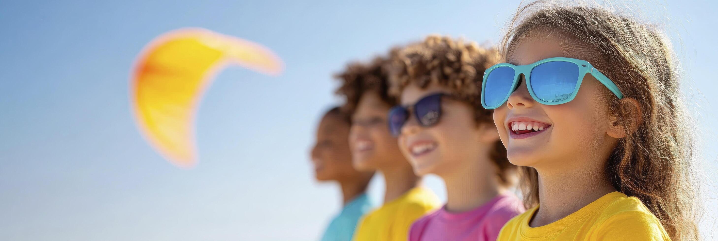 A multicultural bunch of kids welcoming spring by playing outside, flying kites, and enjoying a beautiful and breezy day photo