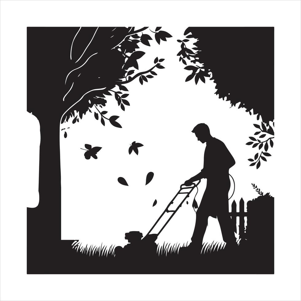 Man cut the lawn in garden in autumn or fall silhouette on white background vector